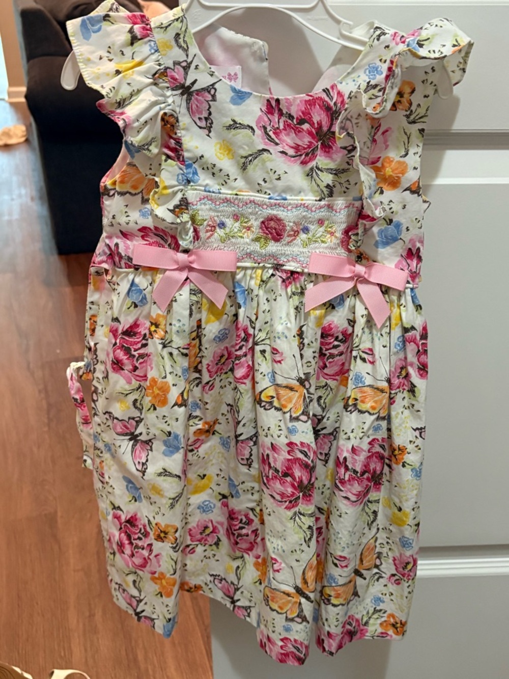 Bonnie Jean Cream Floral Smocked Dress with Pink Bows